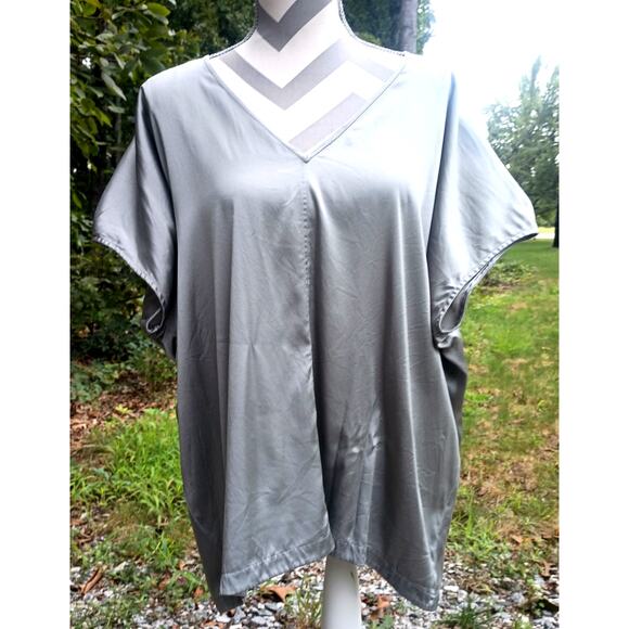 Eileen Fisher Silk V Neck Flowy Silver Gray Short Sleeve Blouse Top Shirt XL - Picture 1 of 9